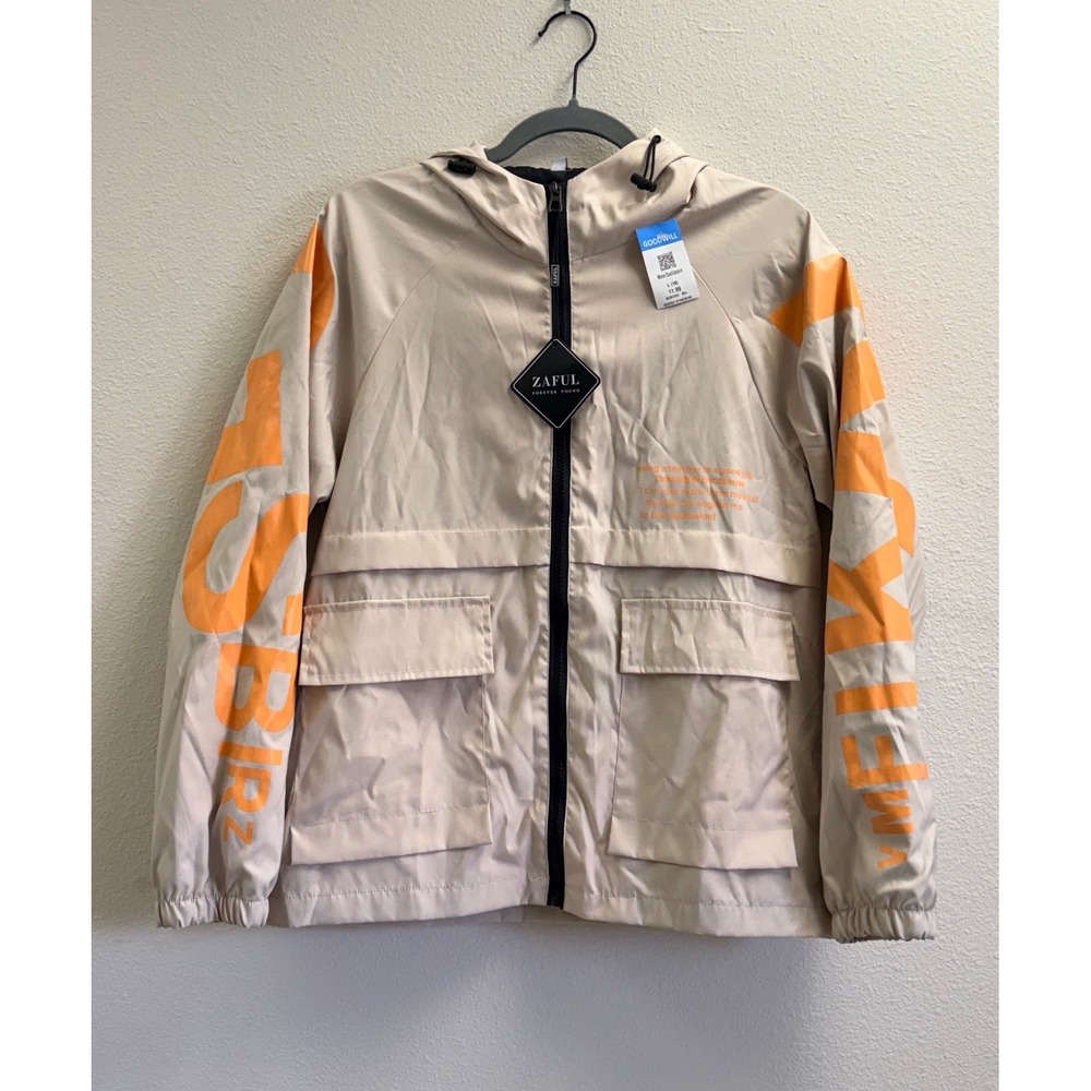 Zaful Mens Hooded Windbreaker Jacket Beige Orange Graphic Streetwear Large NWT